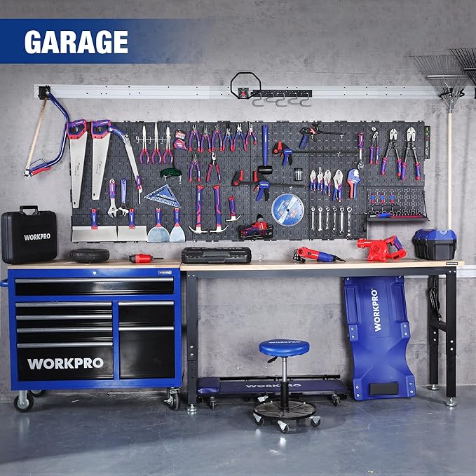 WORKPRO 16”x 16” Metal Peg Board, Foldable Black Pegboard for Wall Organization, Steel Panel with Round Holes & Vertical Slot