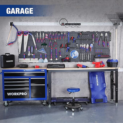 WORKPRO 16”x 16” Metal Peg Board, Foldable Black Pegboard for Wall Organization, Steel Panel with Round Holes & Vertical Slot
