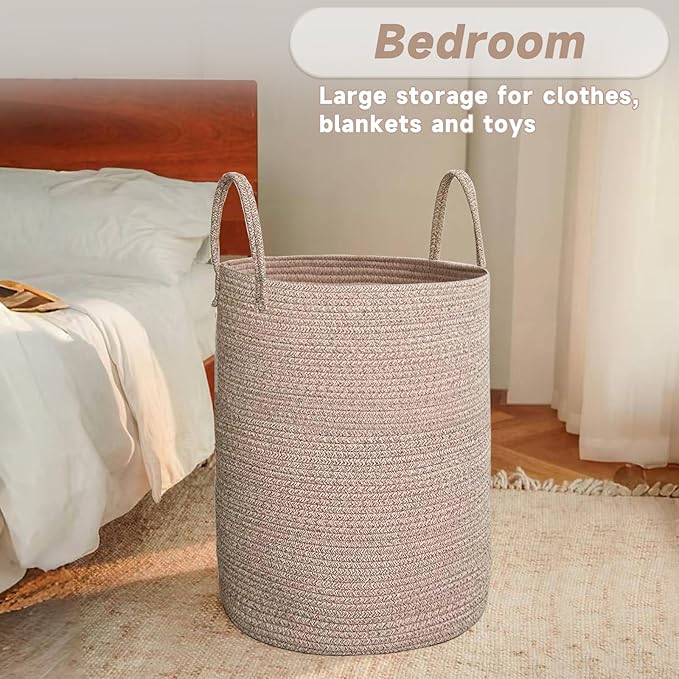 JMvicyroam Large Woven Laundry Basket Hamper,100L Cotton Rope Storage Bin for Blankets,Toys and Clothes,Decorative Tall Nurse