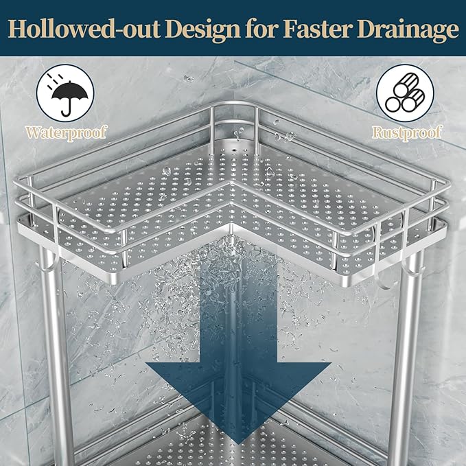 Consumest Corner Shower Caddy Standing - 3-Tier Stainless Steel Shower Organizer with Soap Holder and 4 Hooks, Large Capacity