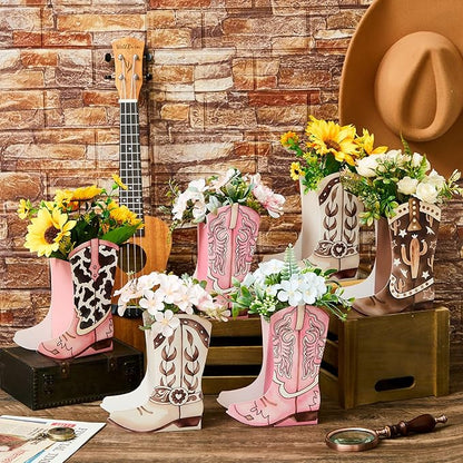 12 Set Western Boots Flower Boxes Centerpiece Boot Shape Gift Boxes Party Decoration Vase Centerpieces for Tables Boots Rodeo Birthday Baby Shower Supplies(Western Pink,Cowgirl Cow)