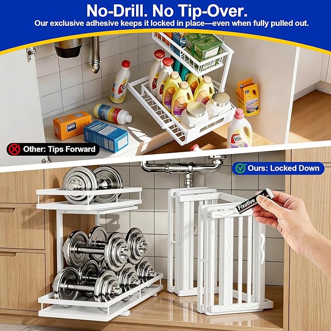 Under Sink Organizer, Dual-Rail Ball-Bearing, Under Kitchen Sink Organizer, 6-Level Adjustable, Under Cabinet Organizer, No-D