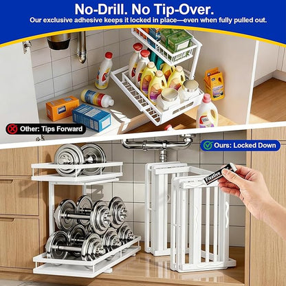 Under Sink Organizer, Dual-Rail Ball-Bearing, Under Kitchen Sink Organizer, 6-Level Adjustable, Under Cabinet Organizer, No-D