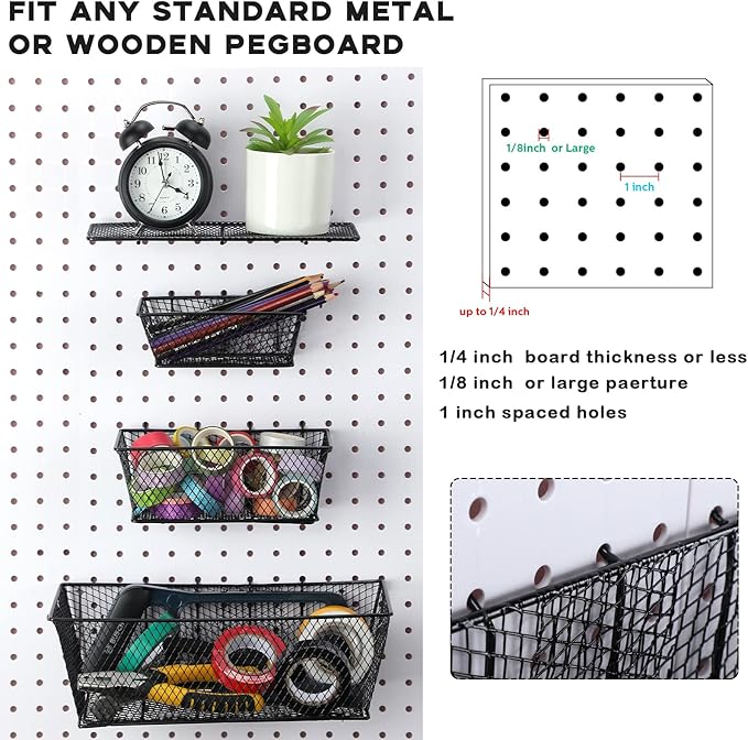 Sieral 6 Pieces Pegboard Baskets Wall Mount Wire Peg Board Baskets 3 Sizes Pegboard Accessories Slatwall Bins Basket Home Gar