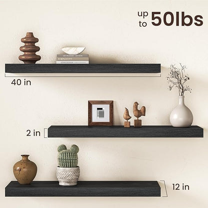 40Inch Black Floating Shelves for Wall, 12 Inch Deep Shelves for Bedroom, Kitchen, Bathroom Wall Mounted, Rustic Wood Floatin