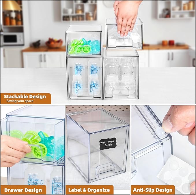 Baby Bottle Organizer, Stackable Storage Drawers with Label, Clear Station Organizers Container for Pacifiers, Pump Parts, De