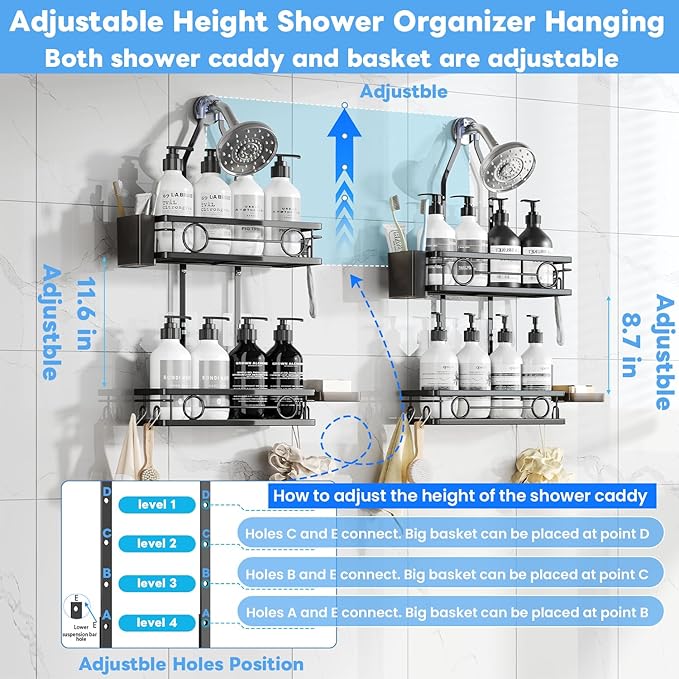 Adjustable Shower Caddy Hanging Rustproof Large-Capacity Bathroom Organizer Shower Racks with Hooks for Razor Bathroom Organi