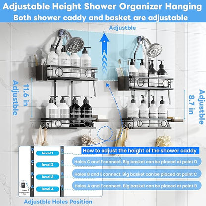 Adjustable Shower Caddy Hanging Rustproof Large-Capacity Bathroom Organizer Shower Racks with Hooks for Razor Bathroom Organi
