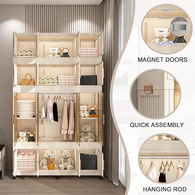 Leavader Portable Wardrobe Closet Storage Organizer for Clothes, Large Collapsible Plastic Wardrobe with Wheels, Foldable Clo