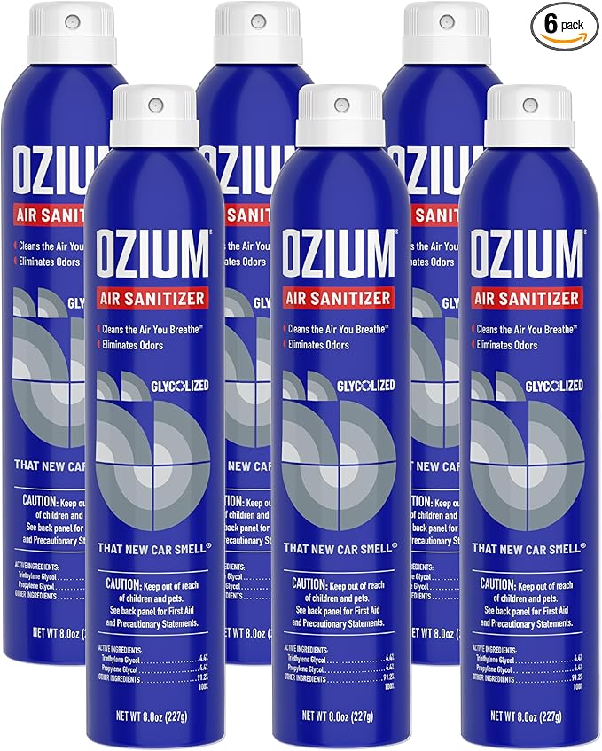 Ozium Air Sanitizer Spray - Room Odor Eliminator for Home, Car, and Office - New Car - 8 oz Can - 6 Pack