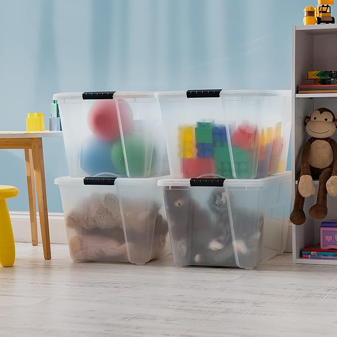 IRIS USA 54 Qt Stackable Plastic Storage Bins with Lids, 4 Pack - BPA-Free, Made in USA - See-Through Organizing Solution, La