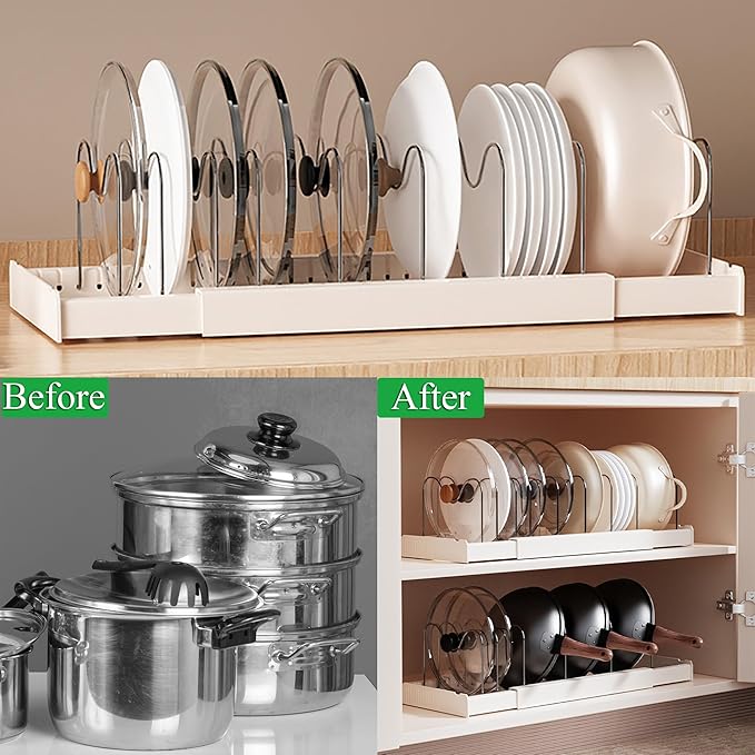 Pots and Pans Organizer Under Cabinet Expandable Pot Lid Holder with 10 Adjustable Dividers Pot Rack for Kitchen Storage Cutting Boards, Bakeware, Lid, White 2PCS
