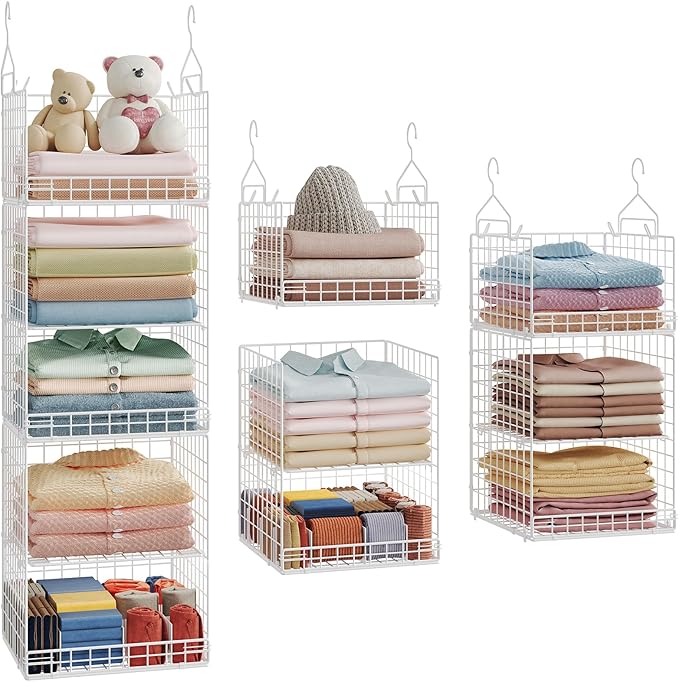 Yuyetuyo ﻿5 Tier Hanging Closet Organizer Separable Hanging Closet Shelves with 4 Hooks 2 Adjustable Dividers, Wire Storage B