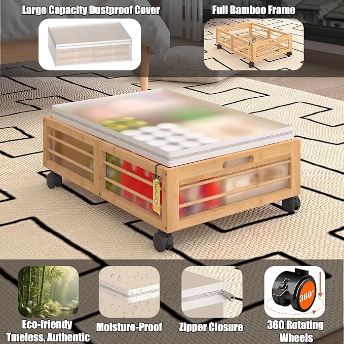 Bamboo Underbed Storage Containers with Wheels & Bag, Large Under Bed Rolling Storage Bins Wood Under Bed Clothes Storage Sta