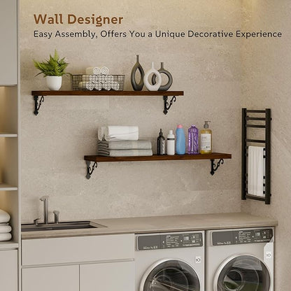 Solid Wood Floating Shelves for Wall with Metal Brackets,2 Tier 36 inch Pinewood Wall Shelf,Suitable for Multiple Places Such