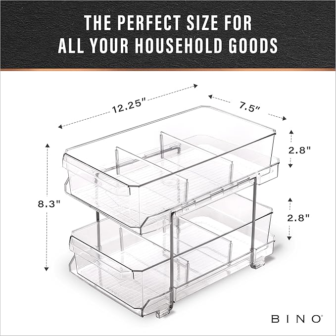 BINO 2 Tier Clear Storage Organizer with Dividers | Slide Out Drawer for Under Sink or Medicine Cabinet | Bathroom Closet, Va