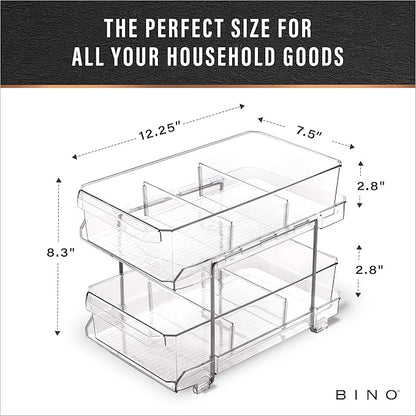 BINO 2 Tier Clear Storage Organizer with Dividers | Slide Out Drawer for Under Sink or Medicine Cabinet | Bathroom Closet, Va