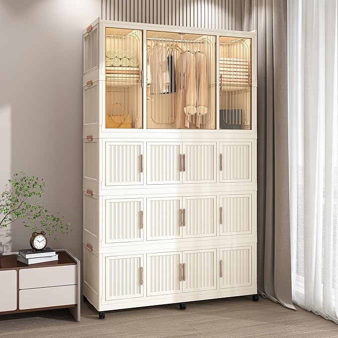 Portable Closet Wardrobe, Foldable Clothes Organizer with 17 Cubes Storage, Hanging Rods, Easy Assemble Clothing Organizer wi