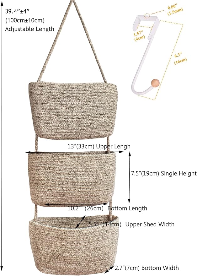 Over the Door Hanging Basket for Organizing 3 Tiers Woven Cotton Rope Wall Mount Storage basket Decorative Kitchen Hanging Or