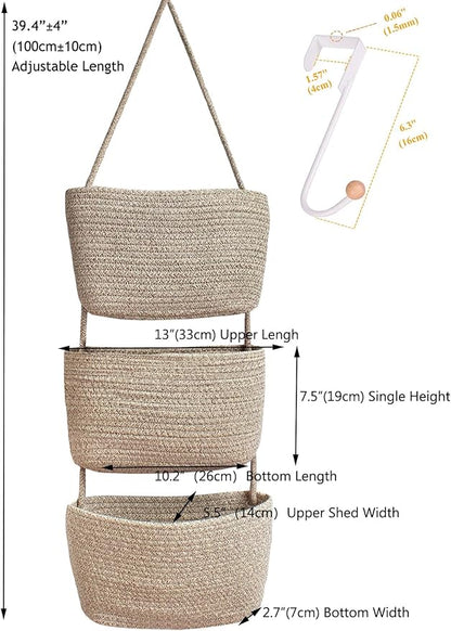 Over the Door Hanging Basket for Organizing 3 Tiers Woven Cotton Rope Wall Mount Storage basket Decorative Kitchen Hanging Or