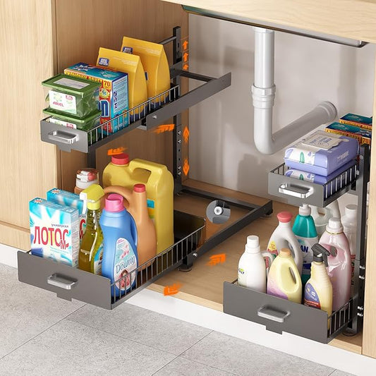 Under Sink Organizer,2 Tier Slide Out Kitchen Cabinet Organizers with Pulley,Under Bathroom Sink Pull Out Organizer with Mult