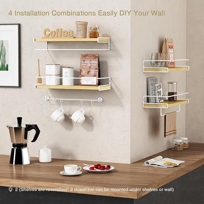 Forbena Floating Shelves for Wall with Rail, White and Natural Wood Nursery Book Shelves for Baby Girls Boys Kids Room Bedroo