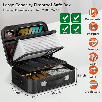 Fireproof Document Box, Hard Case Fireproof Box with Lock, Portable Hard-Shell Fireproof Water Resistant Document Safe for Im