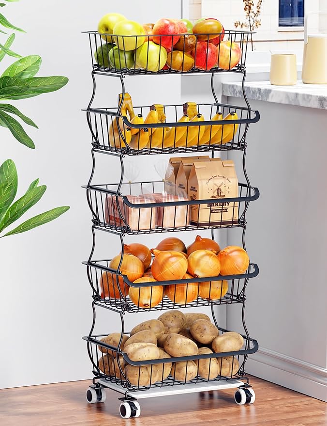OKZEST 5 Tier Fruit Basket for Kitchen, Stackable Bins Wire Rack with Wheels, Fruit and Vegetable Storage Basket Pantry Food 