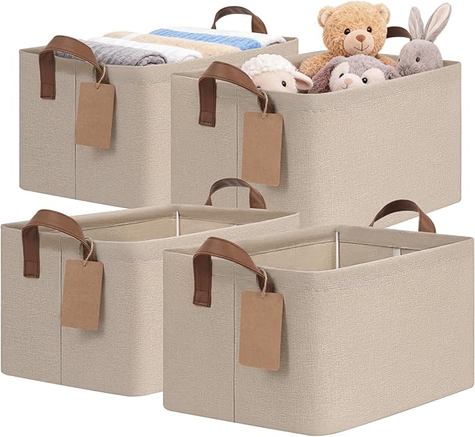 CHICVITA 4 Pack Storage Baskets for Shelves, Foldable Closet Organizer Bins with Handles, Toy Storage Basket for Nursery Livi
