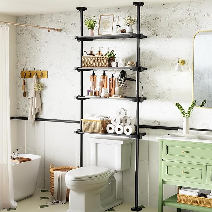 Bonpally Over The Toilet Storage Shelf, 4-Tier Adjustable Bathroom Organizer, No Drill Tension Mounted Shelves, Space-Saving 