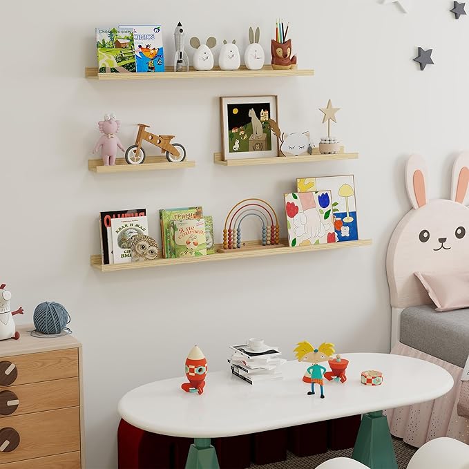 Fun Memories Picture Ledge Shelf, 48 Inch Long Floating Shelves Set of 6, Picture Shelf for Wall with Lip, Large Nursery Book