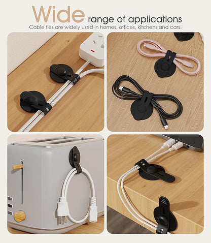 Nearockle Cable Management Under Desk, Adjustable Self-Adhesive Silicone Cable Ties Cord Organizer, Reusable Heavy-Duty Cord Holder Under Table for Office, Home, School (30Pcs-Black)