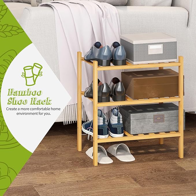 BMOSU 3-Tier Bamboo Small Shoe Rack Premium Stackable Shoe Shelf Storage Organizer for Hallway Closet Living Room Entryway Or