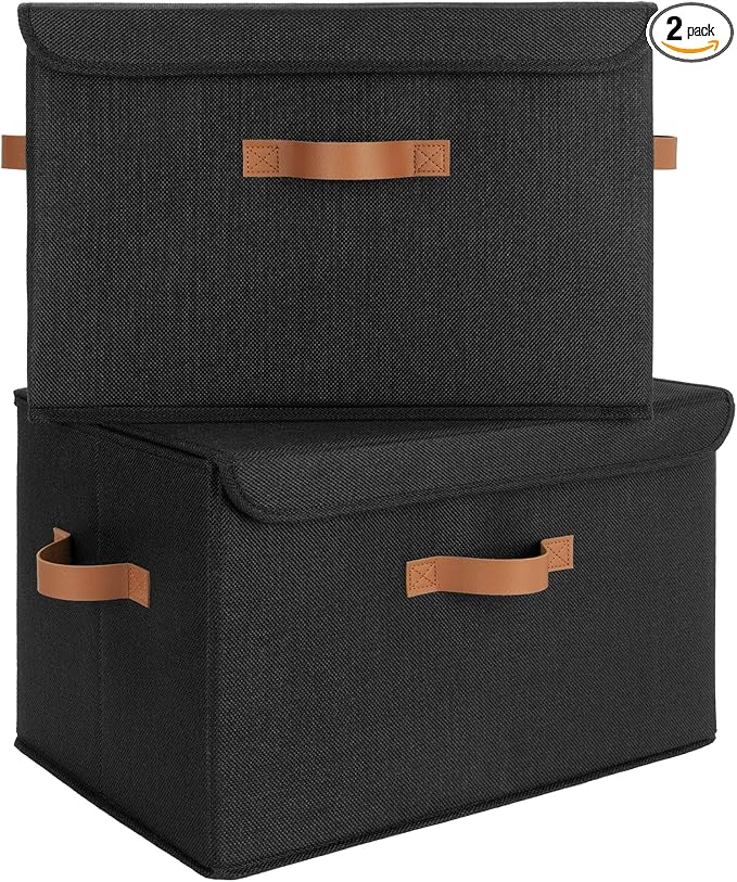 GRANNY SAYS Black Storage Bins with Lids, Decorative Storage Boxes with PU Handles, Linen Closet Organizer, Storage Baskets f