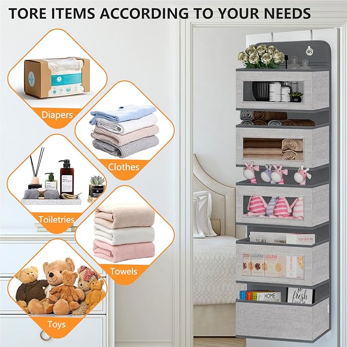 VERONLY Over The Door Hanging Organizer Storage with 5 Large Pockets,Wall Mount Clear Windows and 2 Widened Metal Hooks for P