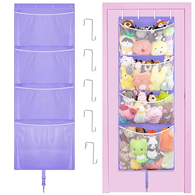 Woodoulogy Hanging Stuffed Animal Storage, Over Door Large Plush Toy Organizer with Metal Hook, Baby Accessory Holder Idea fo