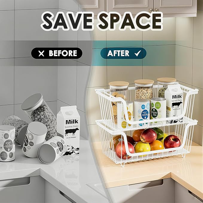 GAOKASE 4 Pcs Stackable Wire Baskets for Pantry Organizers and Storage,Vegetable Fruit Basket for Countertop,Kitchen Storage 
