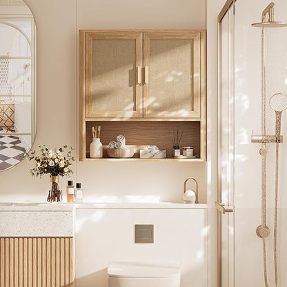INNOD Rattan Bathroom Wall Cabinet with Open Compartments, Wall-Mounted Medicine Cabinet with Adjustable Wood Shelf & Doors, 