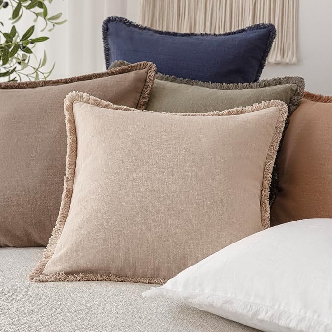 Foindtower Set of 2 Decorative Linen Fringe Lumbar Throw Pillow Covers Boho Farmhouse Cushion Cover with Tassels Soft Accent 