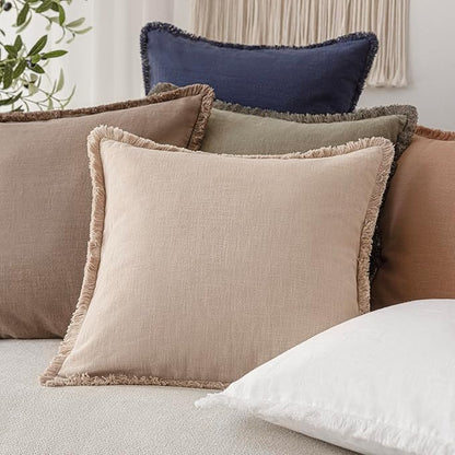 Foindtower Set of 2 Decorative Linen Fringe Lumbar Throw Pillow Covers Boho Farmhouse Cushion Cover with Tassels Soft Accent 