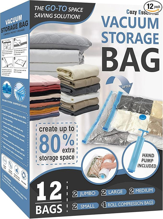 Cozy Essential Vacuum Storage Bags, 80% Compression Vacuum Seal Space Saver Plastic Packaging Bags for Clothes, Blankets, Pil