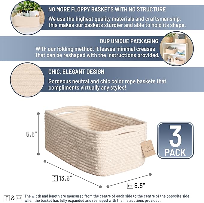 NaturalCozy 13.5”x8.5”x5.5” Storage Baskets for Shelves 3 Pack | Cotton Rope Woven Small Baskets for Organizing | Small Stora