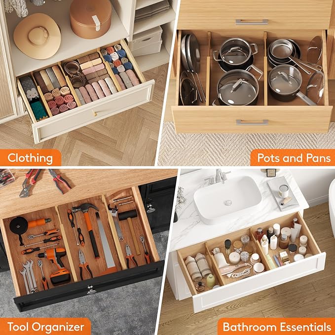 Lifewit 6" High 8 Pack Bamboo Drawer Dividers 33-42cm/13-16.5" Adjustable Wooden Drawer Organizer for Clothes/Utensils, Expan