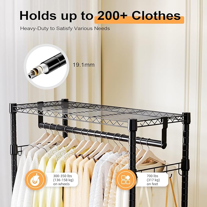 M MZG Heavy Duty Rolling Garment Rack 3 Tiers Adjustable Wire Shelving Clothes Rack with 2 Rods and Side Hooks,Storage Closet