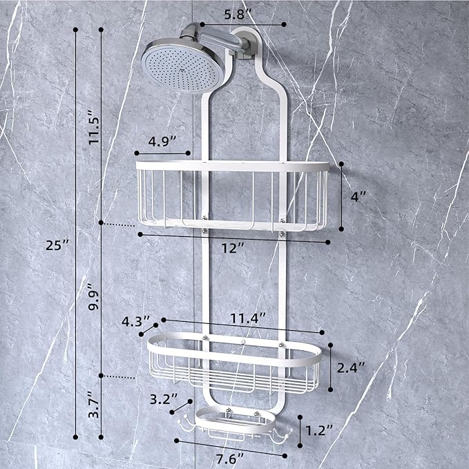 Kadolina White Hanging Shower Caddy, 3-Tier Bathroom Organizer with Soap Dish, Rust Resistant, Quick Dry, Assembly Required