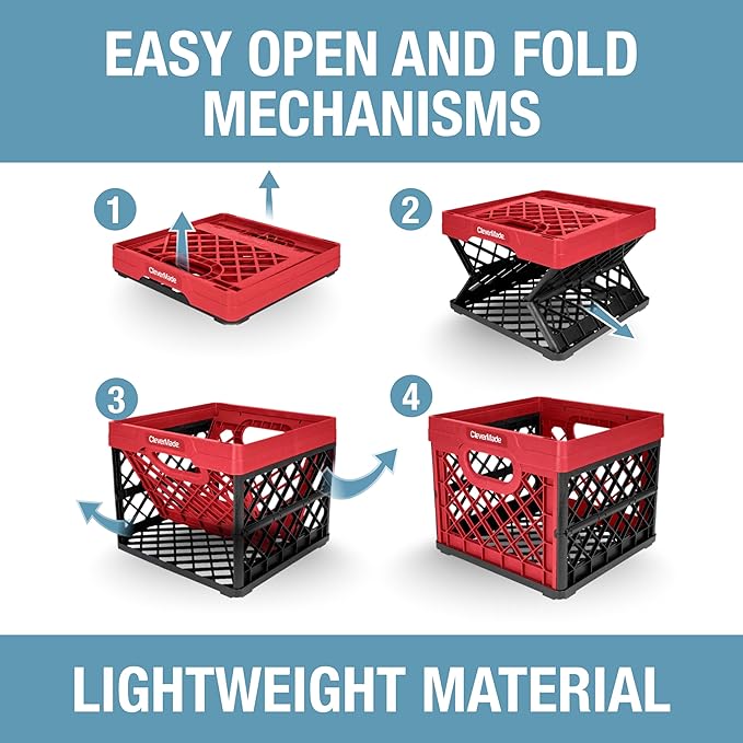 CleverMade Collapsible Milk Crate 25L (6.6 Gal), 50 lb Capacity Heavy Duty Folding Crate – Stackable Storage Crates with File