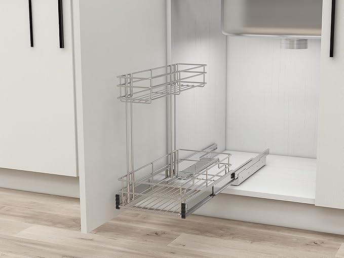 Under Sink Organizer 9" W X17 D, Pull Out Cabinet Organizer 2 Tier, Under Sink Slide Out Chrome Plated, Under Kitchen Bathroo