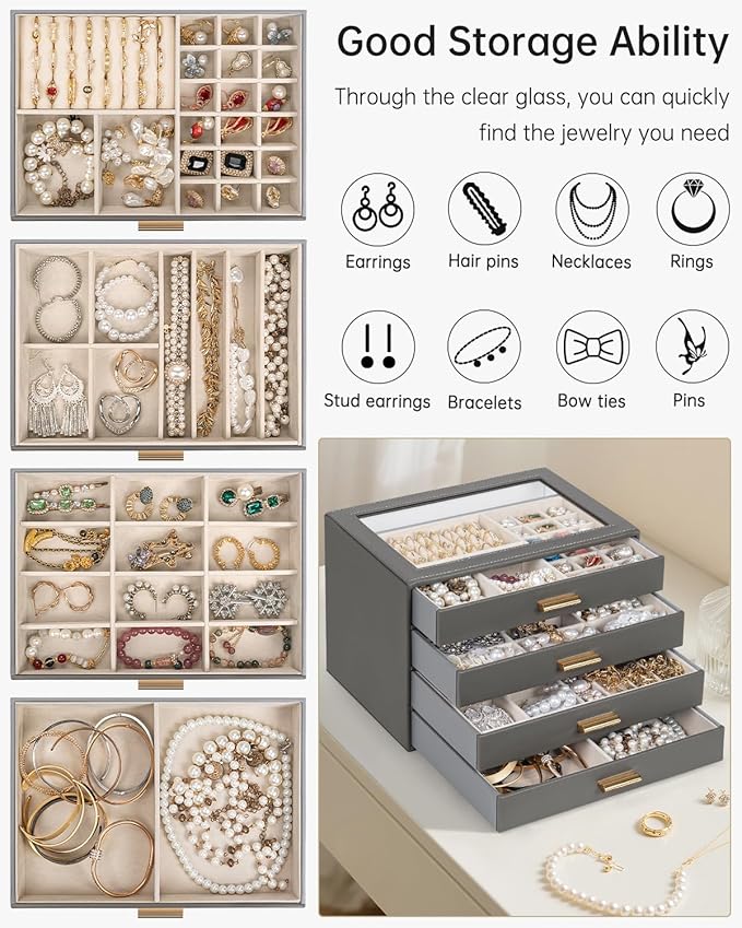 AKOZLIN Jewelry Box with Clear Lid Functional Leather Jewelry Storage Organizer Case 4 Drawers for Women Girls Necklace Ring 