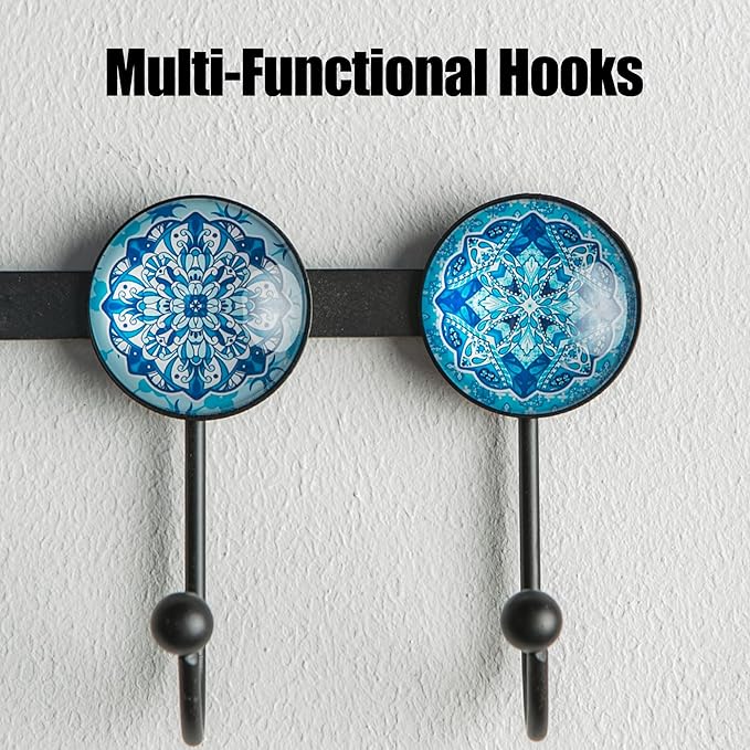 Boho Coat Rack Wall Mounted with 5 Hooks, Glacier Theme Mandala Pattern Decorative Wall Hooks for Hanging Hat, Key, Towel, Pu