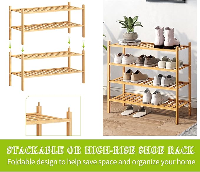 BMOSU 4-Tier Bamboo Shoe Rack Premium Stackable Shoe Shelf Storage Organizer for Hallway Closet Living Room Entryway Organize